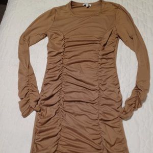 Camel bodycon ruched midi dress
